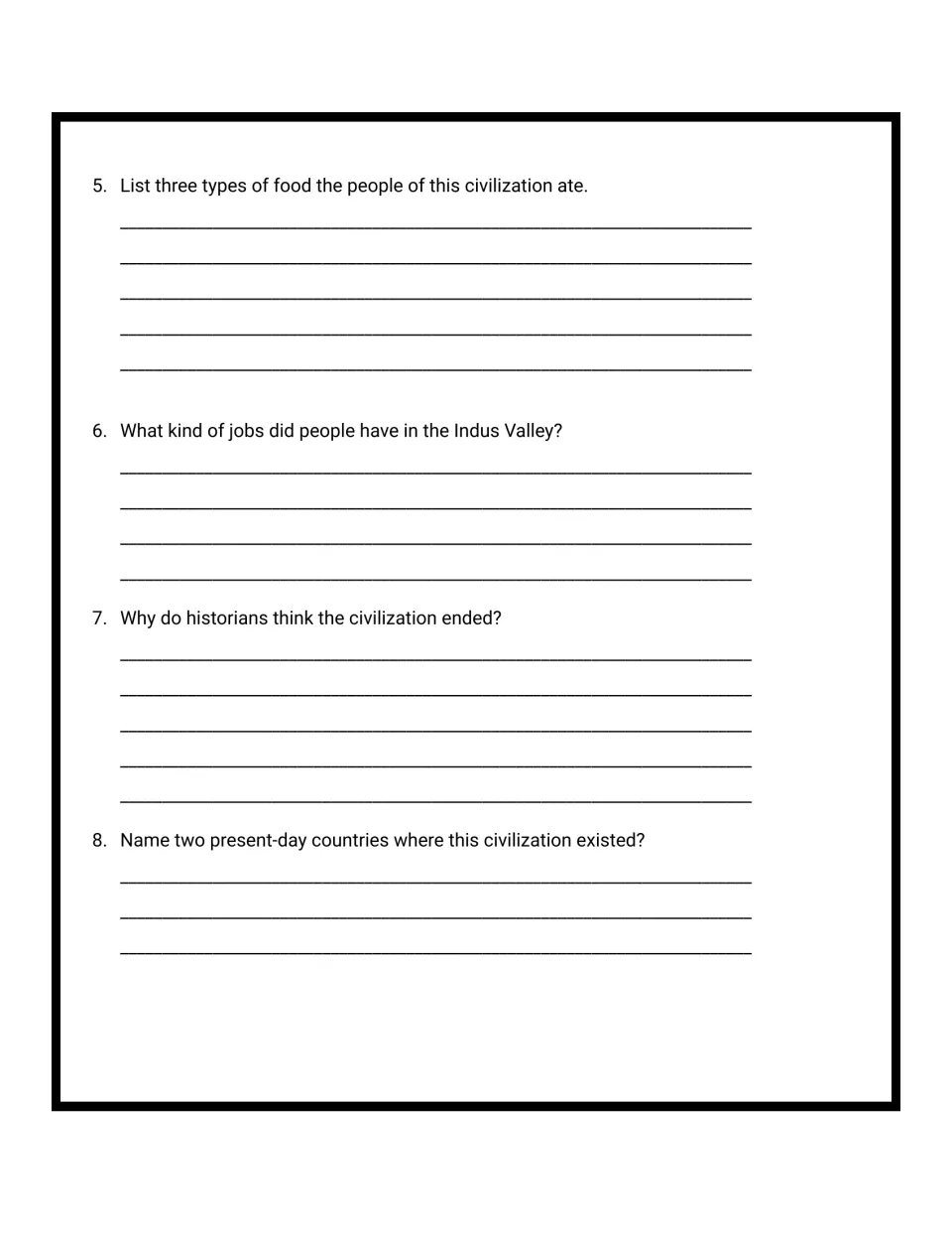 Indus Valley questions 5-8: students recall three foods, jobs, why the civilization ended and two present-day countries
