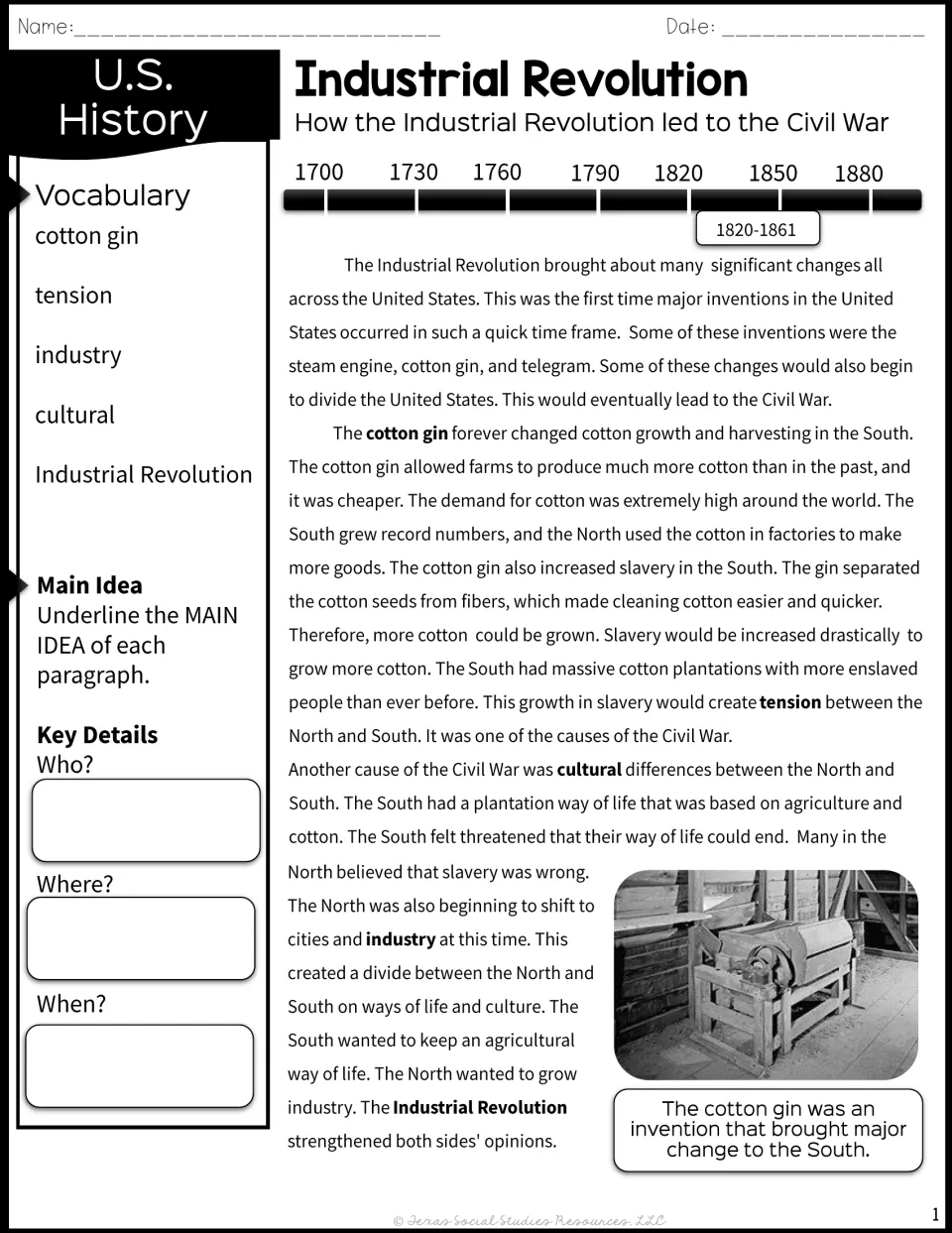 How the Industrial Revolution led to the Civil War: passage on the cotton gin with vocabulary and Who/Where/When notes