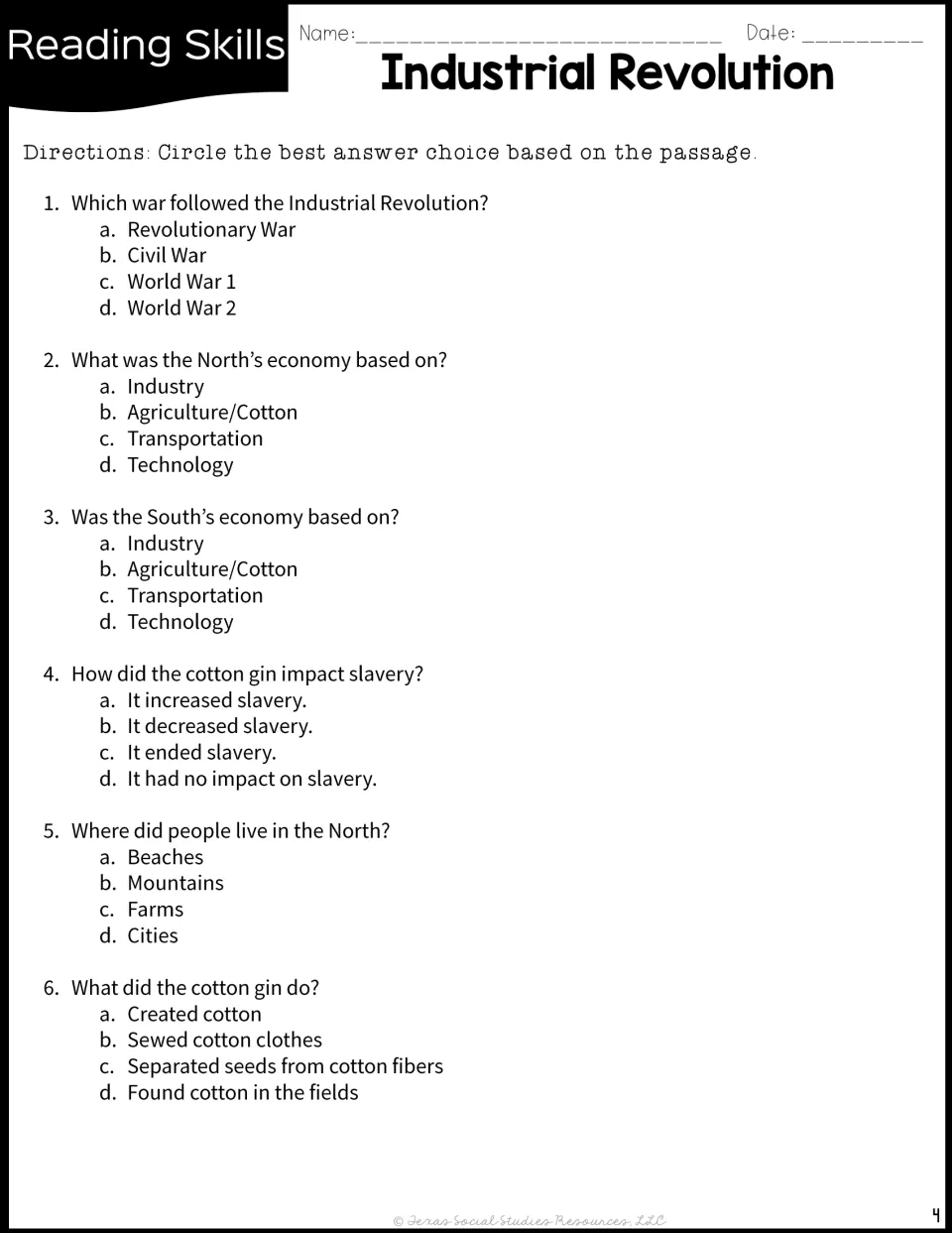 Reading comprehension questions 1-6: students circle answers on the North and South economies, cotton gin and slavery