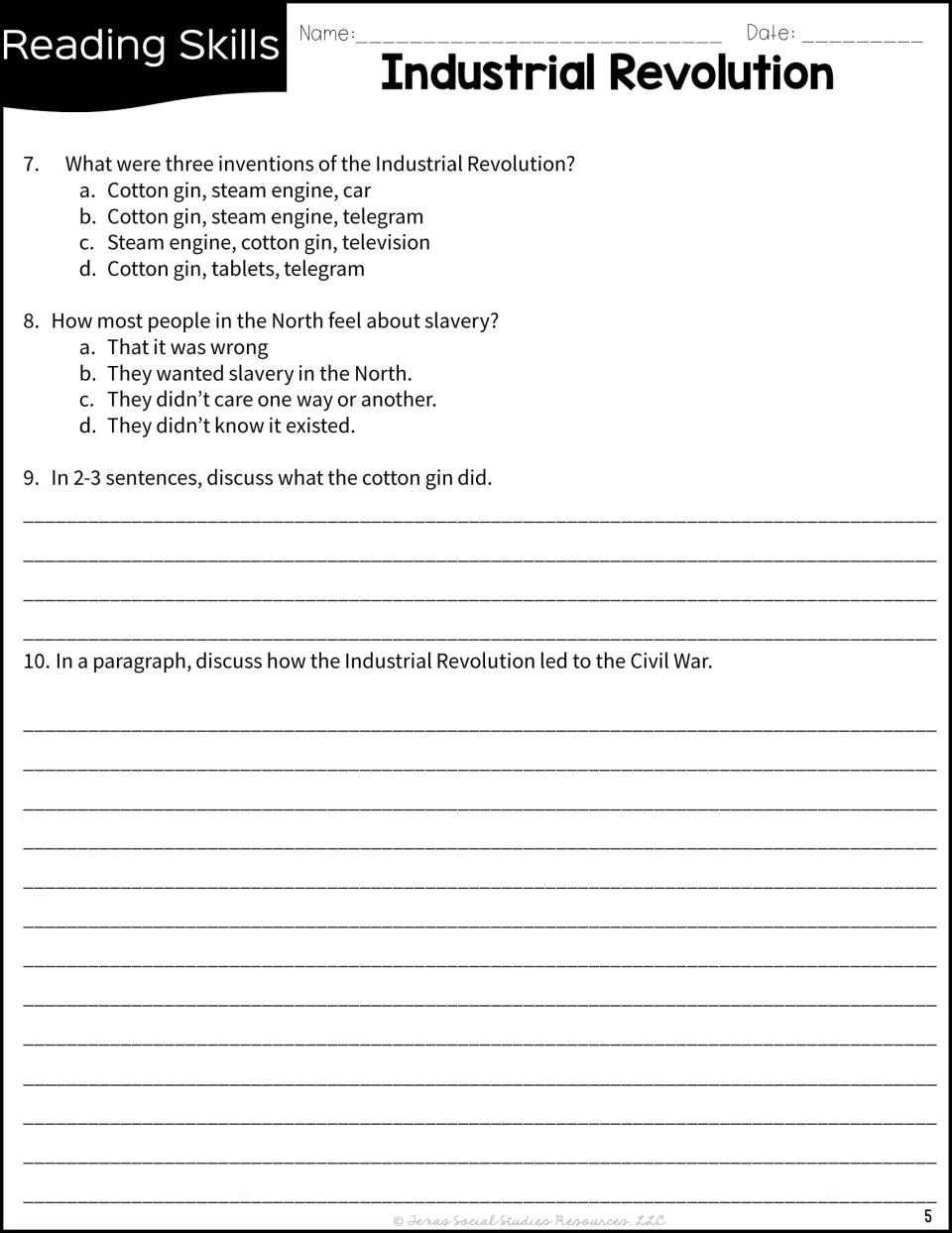Comprehension questions 7-10: multiple choice on inventions and Northern views of slavery, then short answer and paragraph