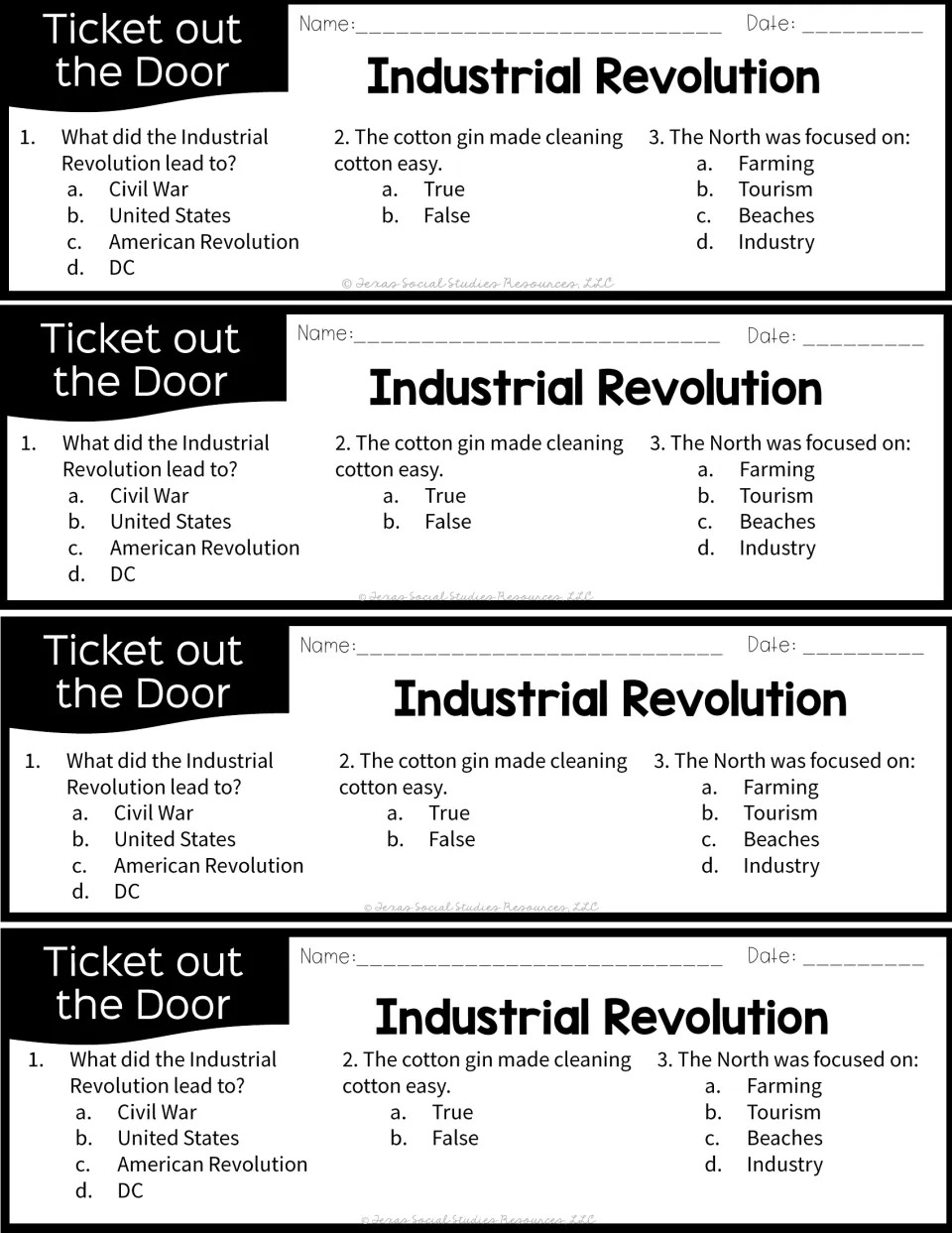 Exit tickets, four per page: three quick questions on what the era led to, the cotton gin and what the North focused on