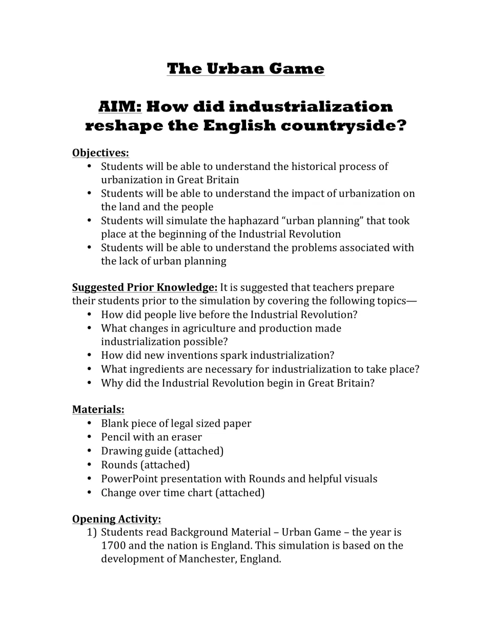 Urban Game lesson plan: aim on how industrialization reshaped rural England, plus objectives, prior topics and materials