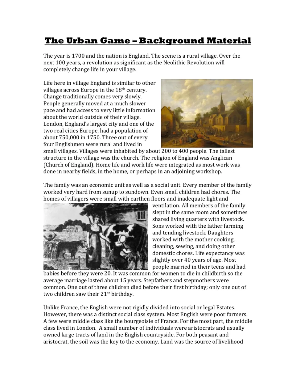 1700 English village background reading on family life, life expectancy, social class and land, with village illustrations