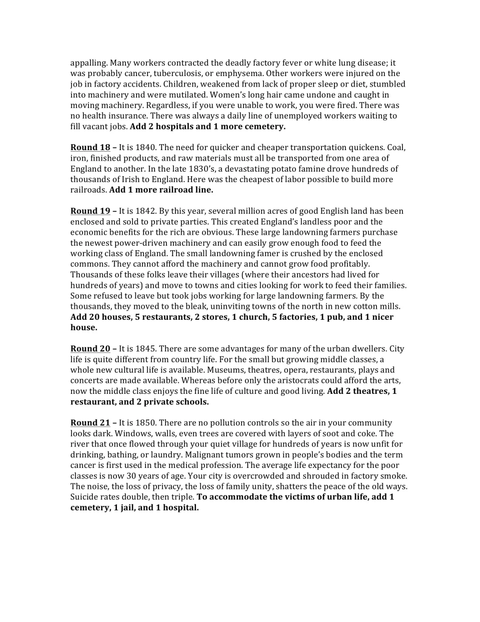 Game rounds 17-21, 1838-1850: hospitals, railroads, enclosure migration, theatres and a polluted, overcrowded city