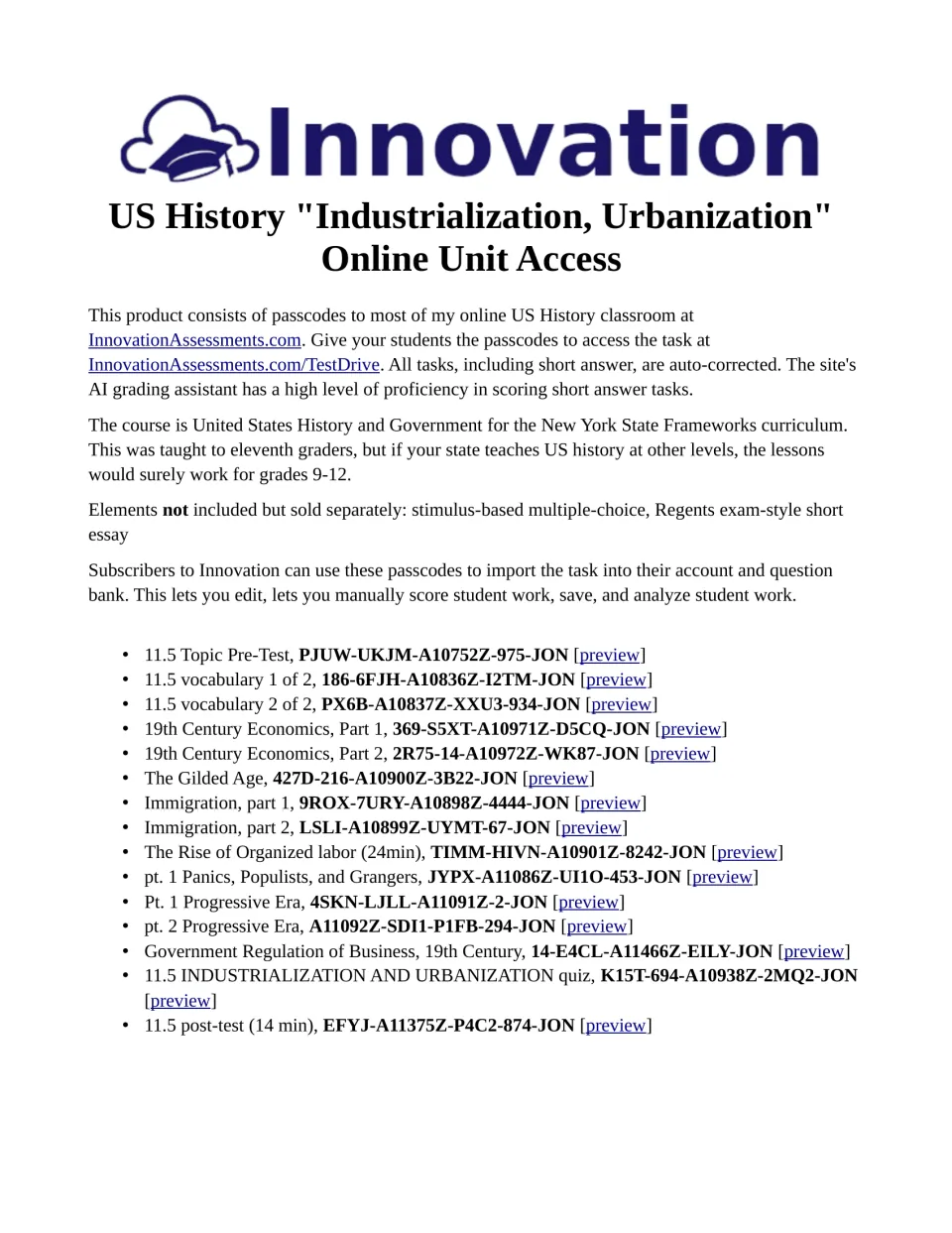Online unit access sheet listing 15 task passcodes for industrialization, immigration, labor, and reform.