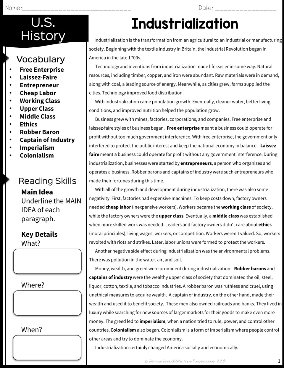 Industrialization reading passage on the textile industry, robber barons and imperialism, with 12 vocabulary terms to study