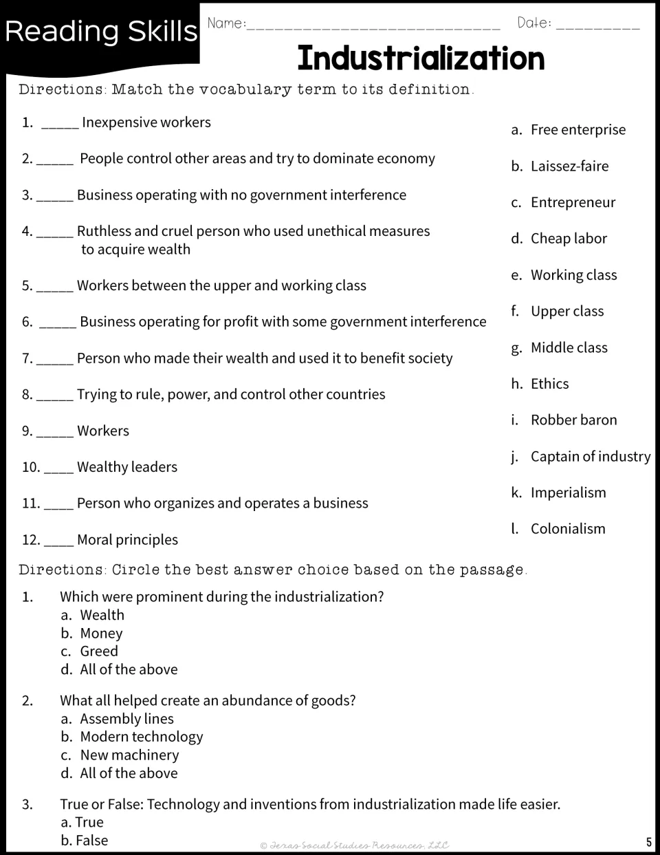 Industrial era vocabulary: students match 12 terms like laissez-faire, then answer 3 multiple-choice questions