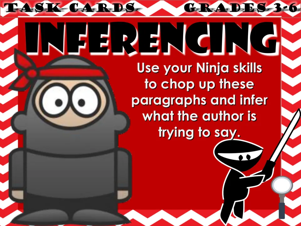 Inferencing task cards cover, Grades 3-6: a ninja invites students to chop up paragraphs and infer what the author means