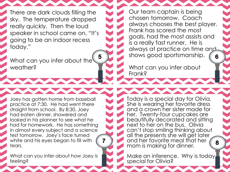 Cards 5-8: students infer the weather, the next team captain, how Joey feels and why today is special for Olivia