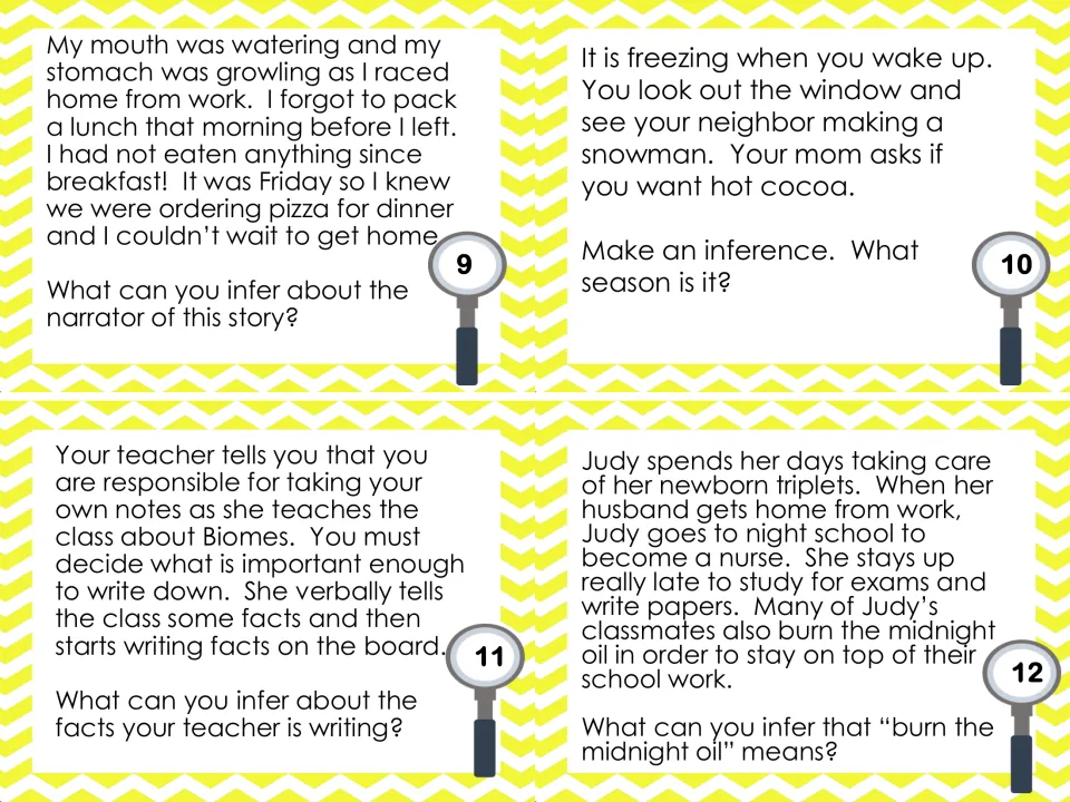 Cards 9-12: students infer a hungry narrator, the winter season, which facts matter, and what 'burn the midnight oil' means