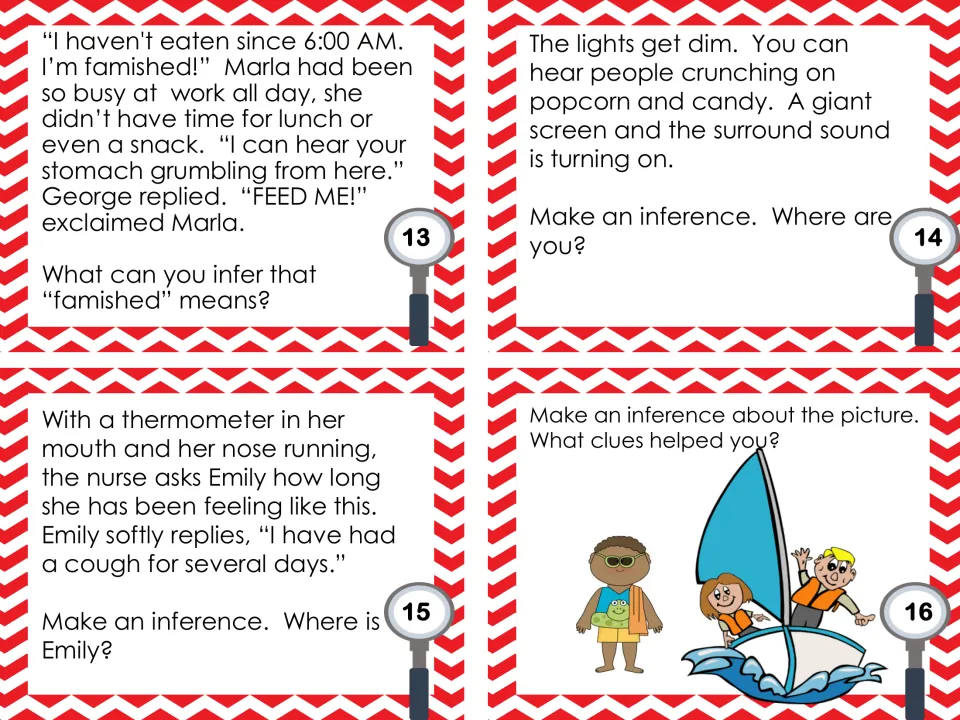 Cards 13-16: students infer what 'famished' means, a movie theater setting, where Emily is, and a sailboat picture
