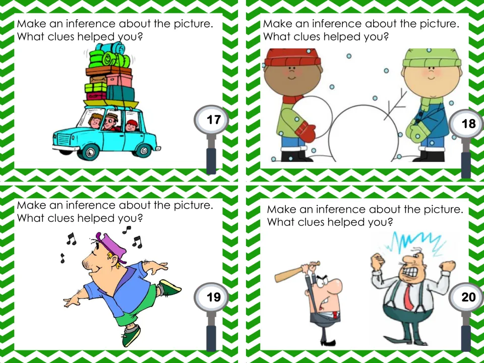 Picture cards 17-20: students infer from images of a packed car, kids building a snowman, a man dancing and two angry men