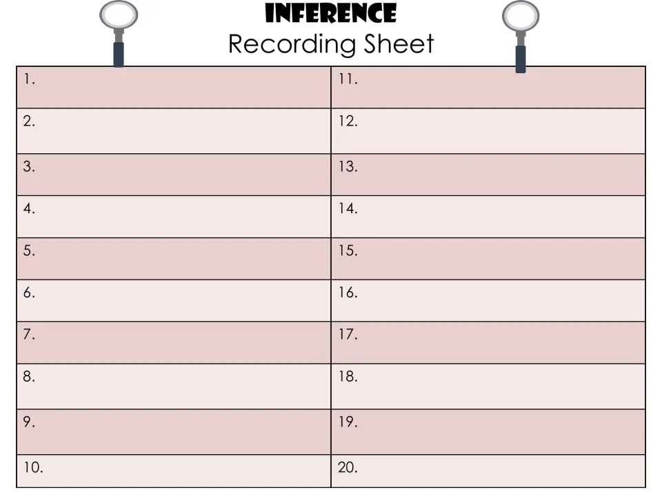 Inference recording sheet with numbered spaces 1-20 where students write the inference they make for each card