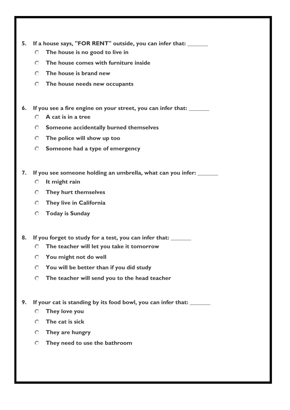 Making inferences, items 5-9: students choose what to infer from a FOR RENT sign, a fire engine, an umbrella and more