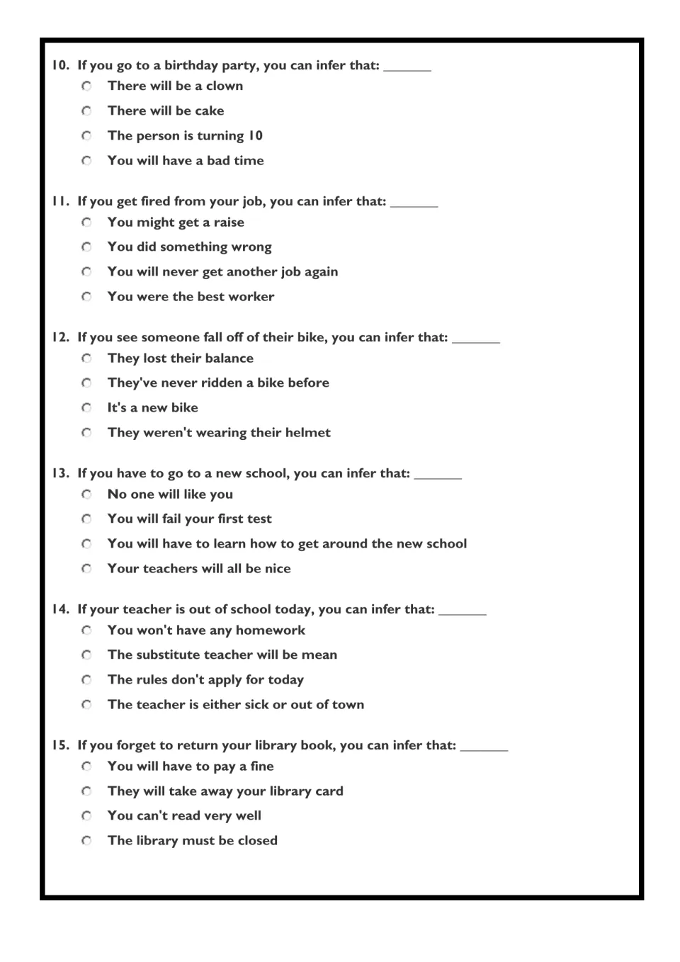 Inference items 10-15: students choose the likeliest outcome for a birthday party, a new school, a late library book