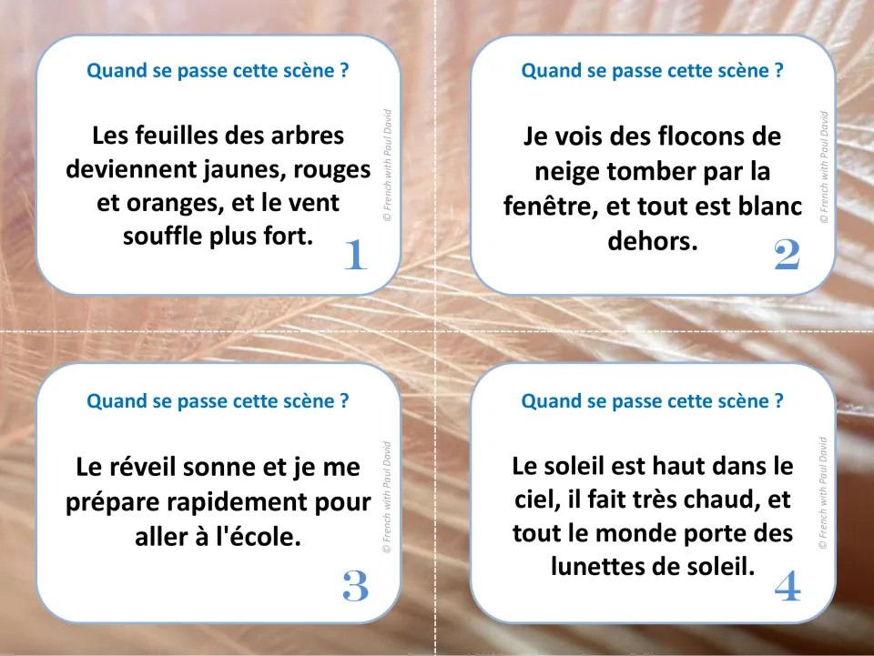 French time inference task cards 1-4: students read clues like falling snow or an alarm clock and say when the scene happens
