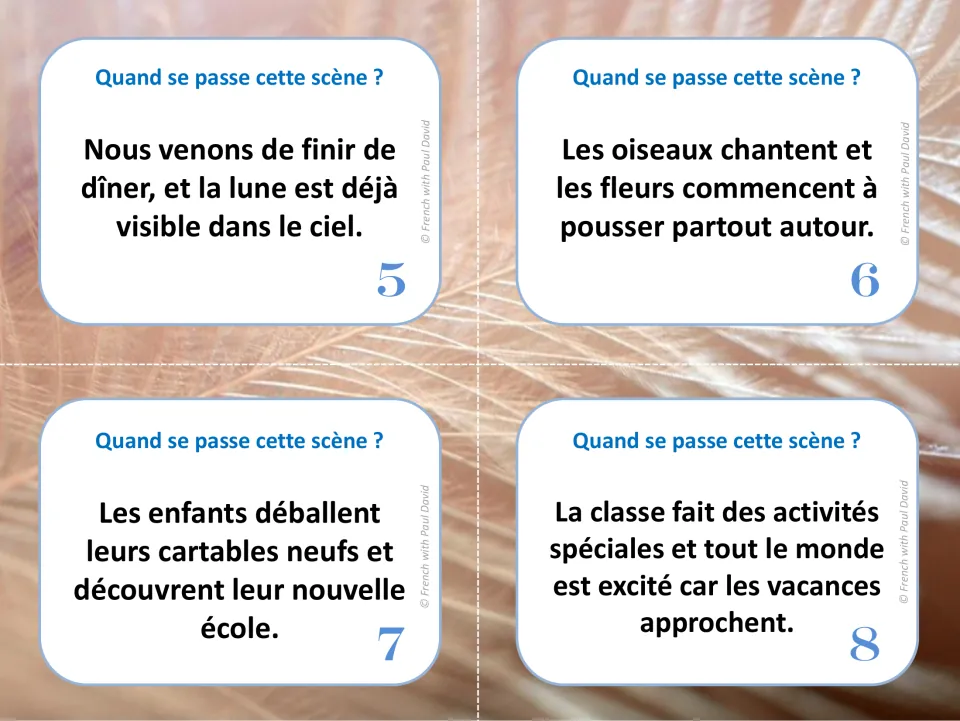 French task cards 5-8: students infer when scenes happen from clues about the moon, birdsong, new schoolbags and holidays