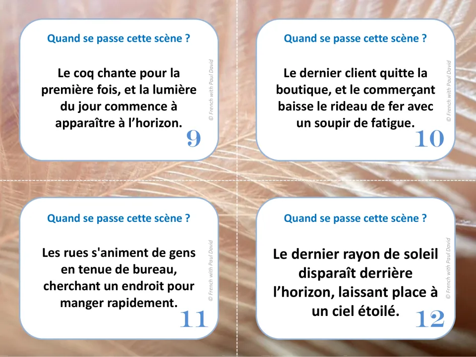 French task cards 9-12: students infer the time of day from a rooster at dawn, a shop closing, a lunch crowd and a sunset