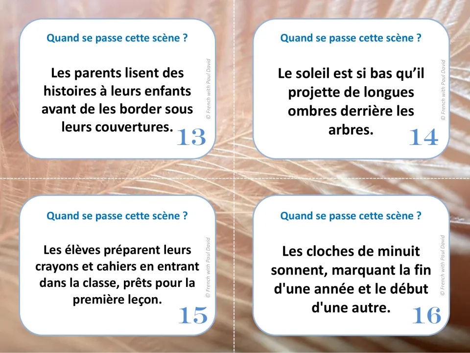 French task cards 13-16: students infer timing from bedtime stories, long shadows, class starting and midnight bells