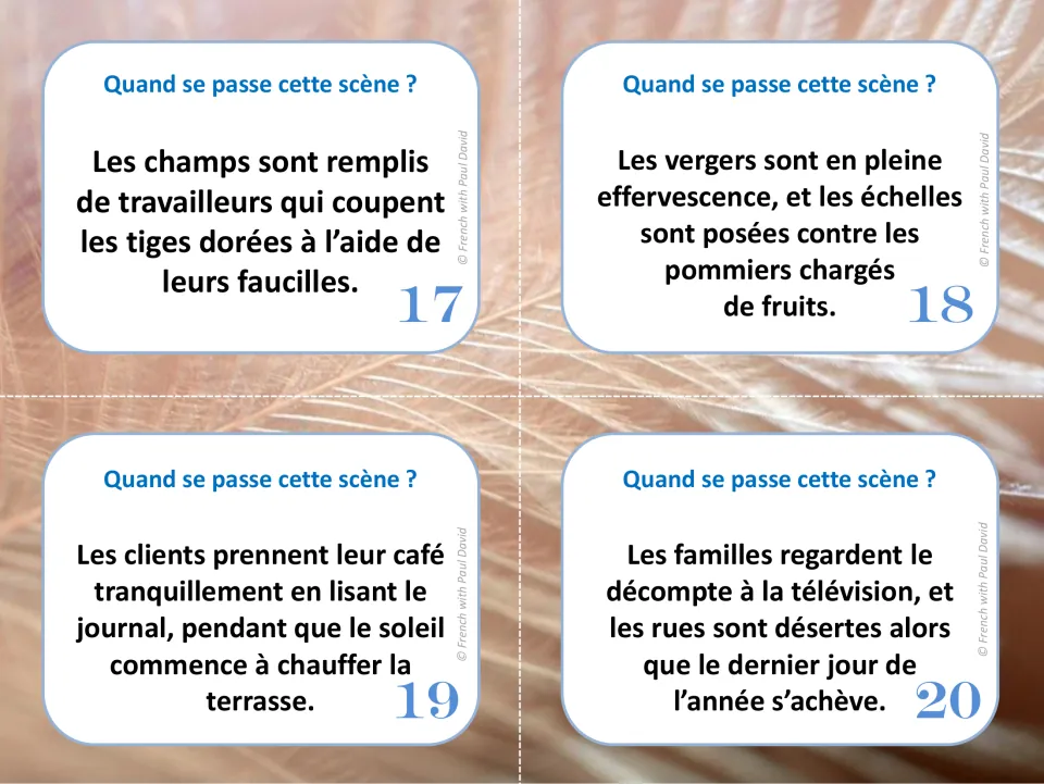 French task cards 17-20: students infer timing from a wheat harvest, apple picking, morning coffee and a TV countdown