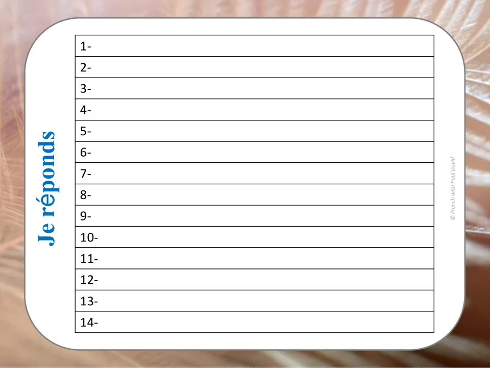 Je réponds answer sheet for cards 1 to 14: students write in French when each task card scene takes place