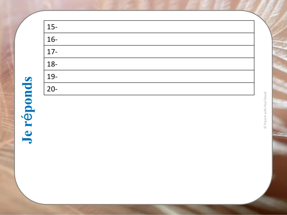 Je réponds answer sheet continued for cards 15 to 20, where students record their written time inference for each scene