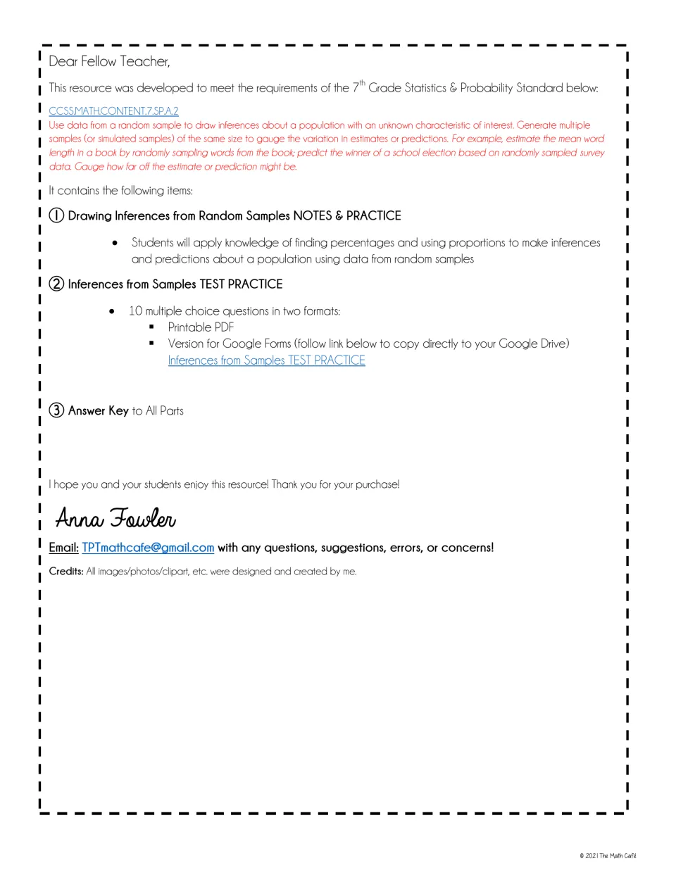Teacher introduction listing the random sample notes, practice, 10-question test, and answer keys