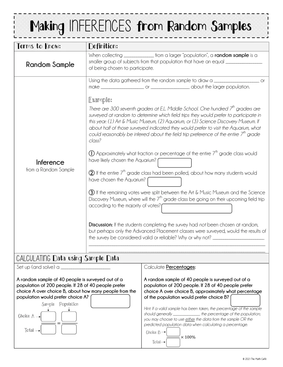 Guided notes on random samples and inference, with a field trip example and proportion and percentage calculations