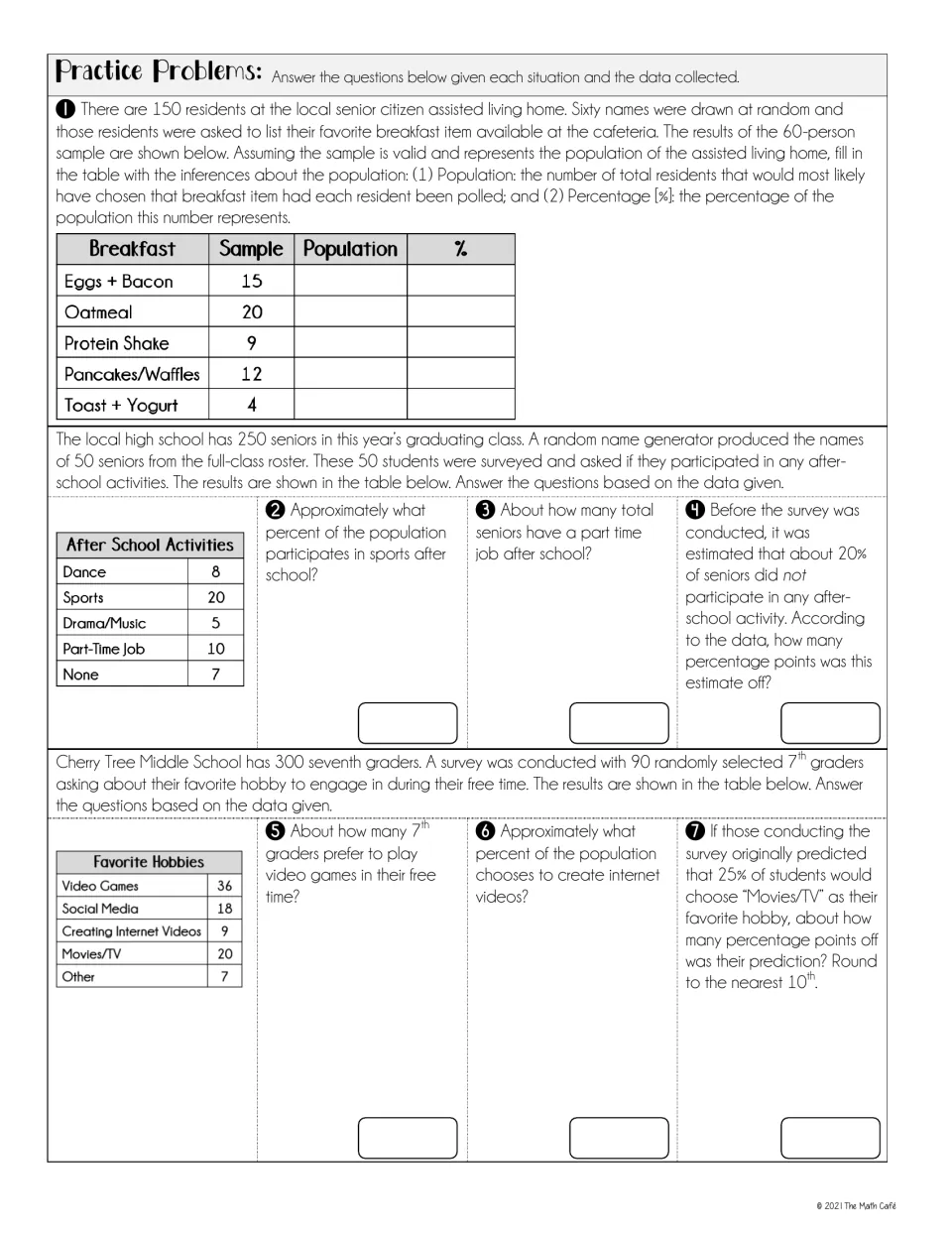 Practice problems 1–7 use breakfast, after-school activity, and hobby surveys to estimate population data