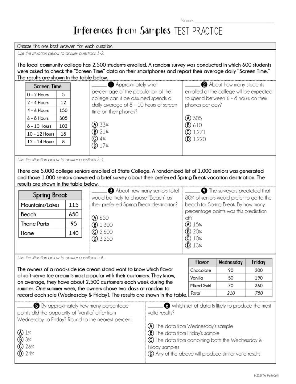 Test practice questions 1–6 use screen time, spring break, and ice cream surveys to make inferences