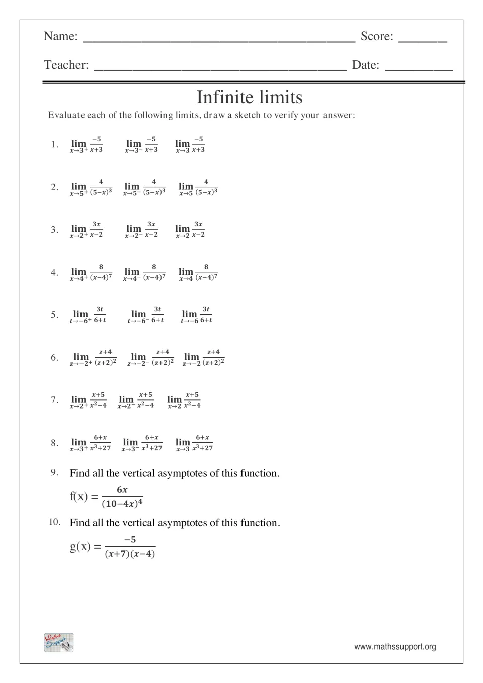 Infinite limits: students evaluate one-sided and two-sided limits for 8 rational functions and find vertical asymptotes