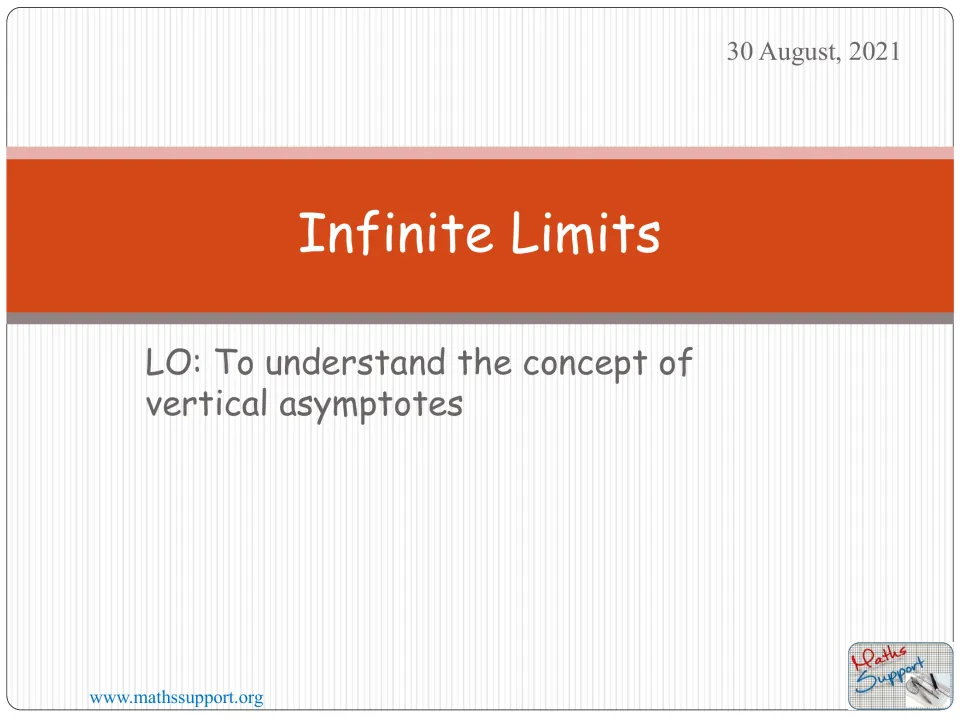 Infinite Limits presentation cover stating the learning objective: understand the concept of vertical asymptotes