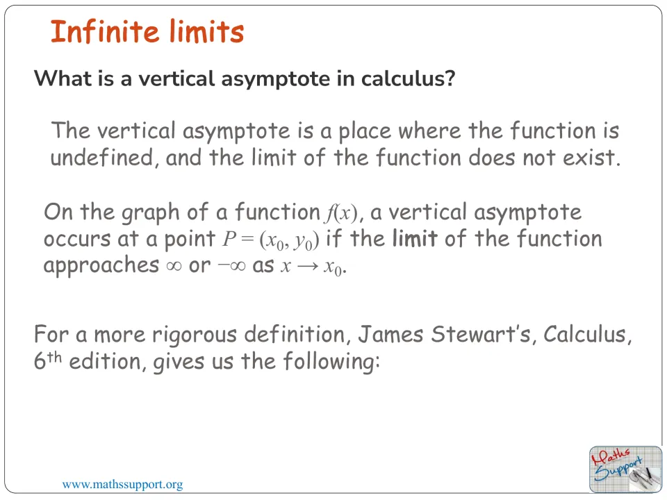 Definition slide introducing vertical asymptotes and function values approaching positive or negative infinity