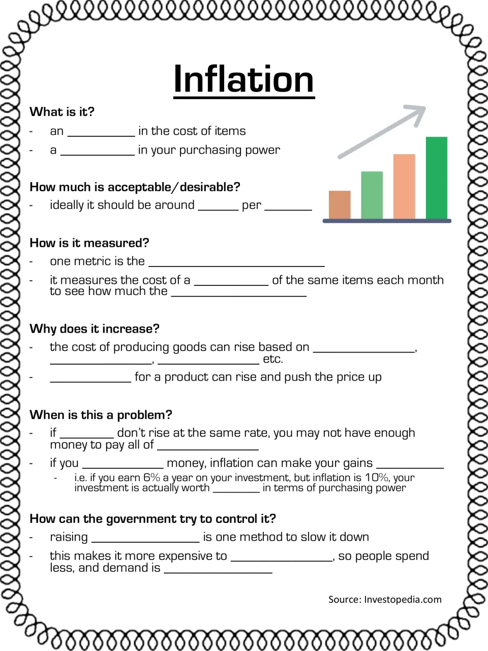 Fill-in-the-blank inflation notes: students complete blanks on measuring, causes, when it hurts and how governments slow it
