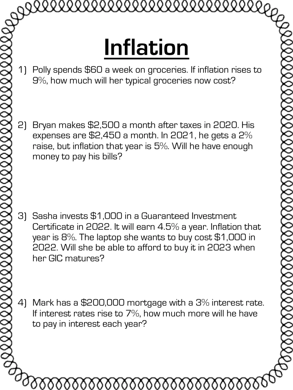 Inflation word problems: students use percents and decimals to find new grocery costs, wages vs bills, GIC and mortgage