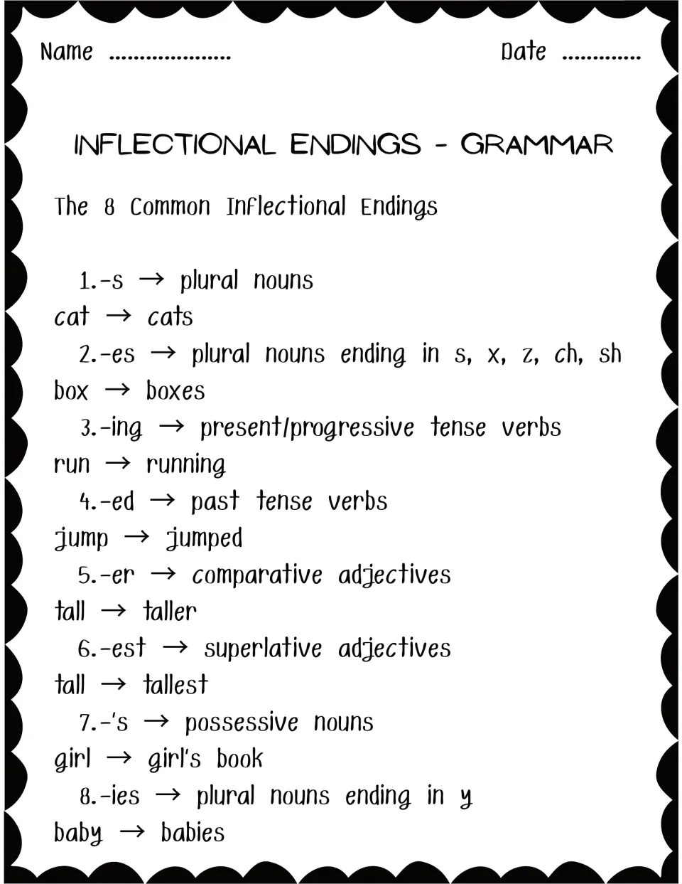 The 8 common inflectional endings: -s, -es, -ing, -ed, -er, -est, -'s and -ies, each with its use and an example word