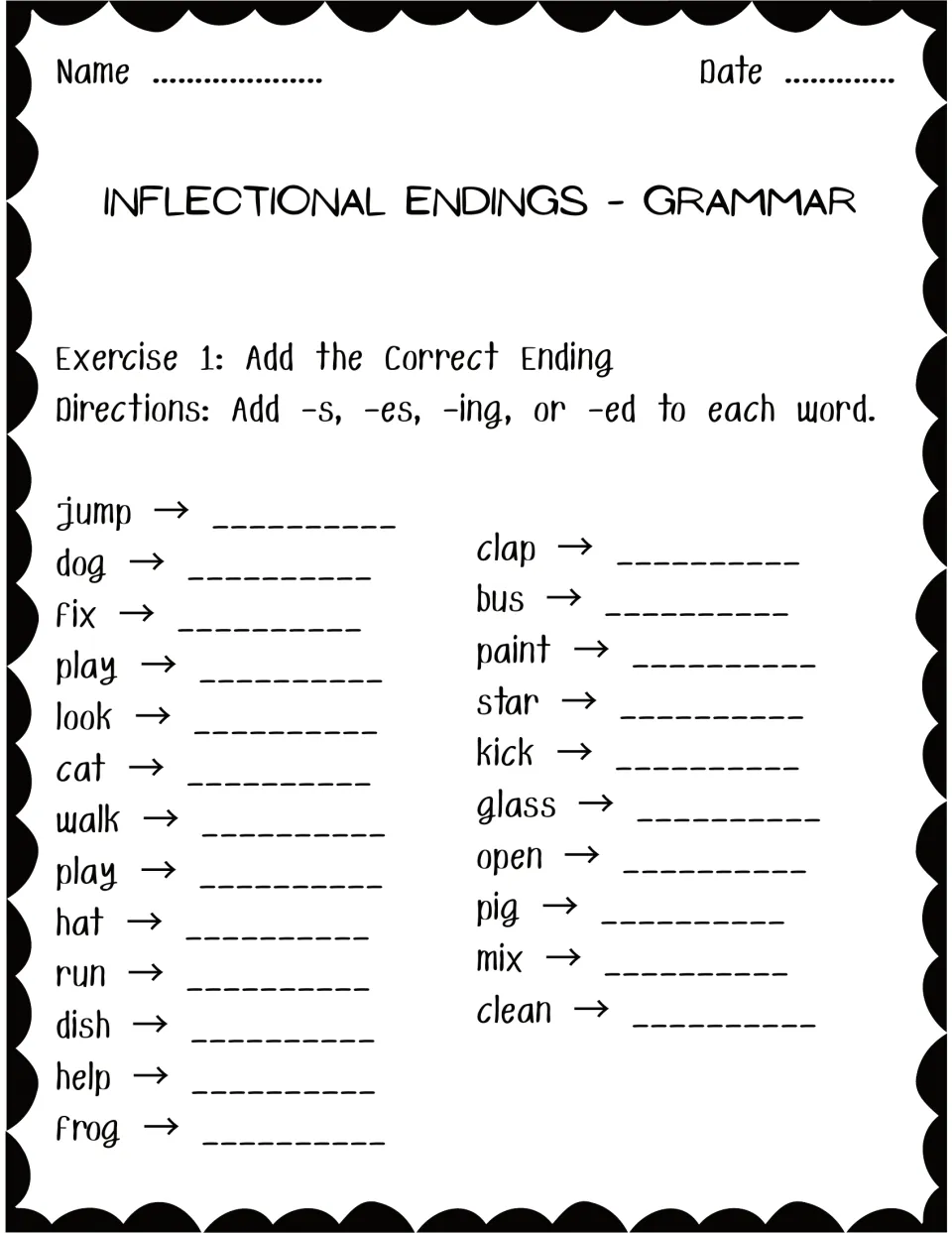 Exercise 1, Add the Correct Ending: students add -s, -es, -ing or -ed to 24 base words such as jump, fix, dish and glass