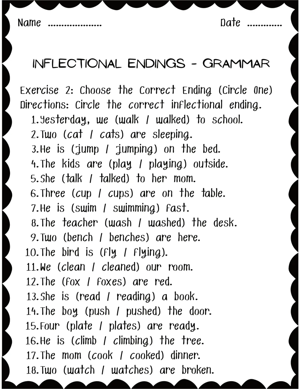 Exercise 2, Choose the Correct Ending: students circle the right word form in 18 sentences, such as walk or walked