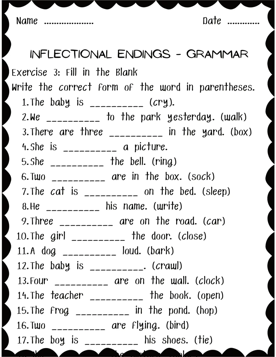 Exercise 3, Fill in the Blank: students write the correct form of the word in parentheses to complete 17 sentences