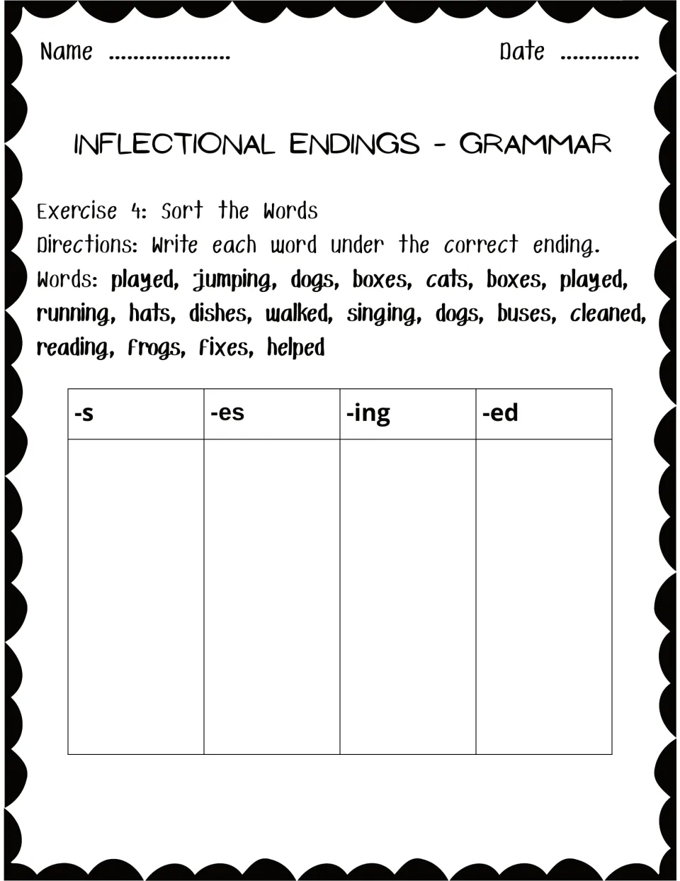 Exercise 4, Sort the Words: students write words like played, boxes, running and dogs under -s, -es, -ing or -ed