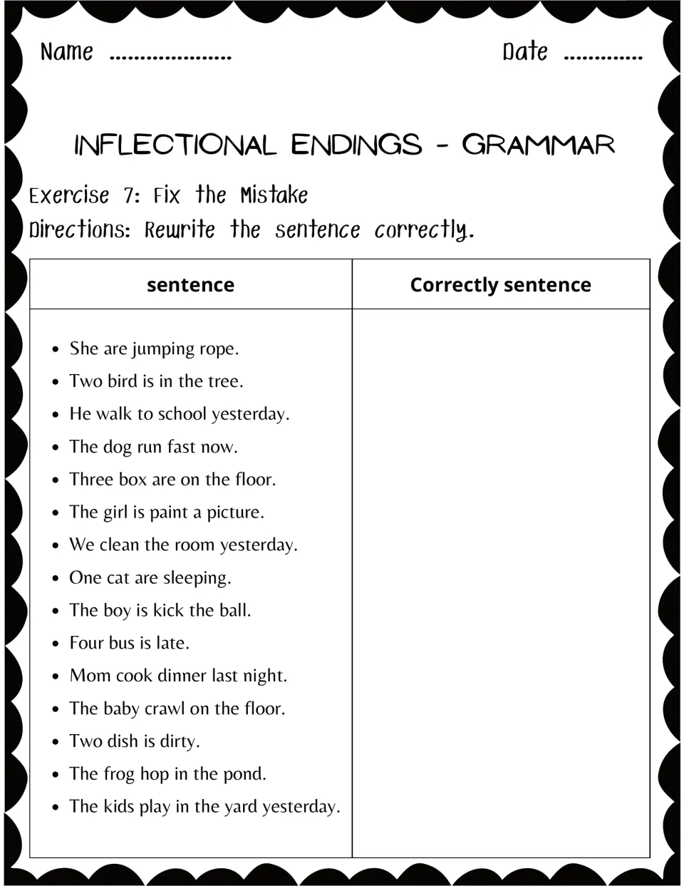 Exercise 7, Fix the Mistake: students rewrite 15 incorrect sentences, such as 'Two bird is in the tree.'