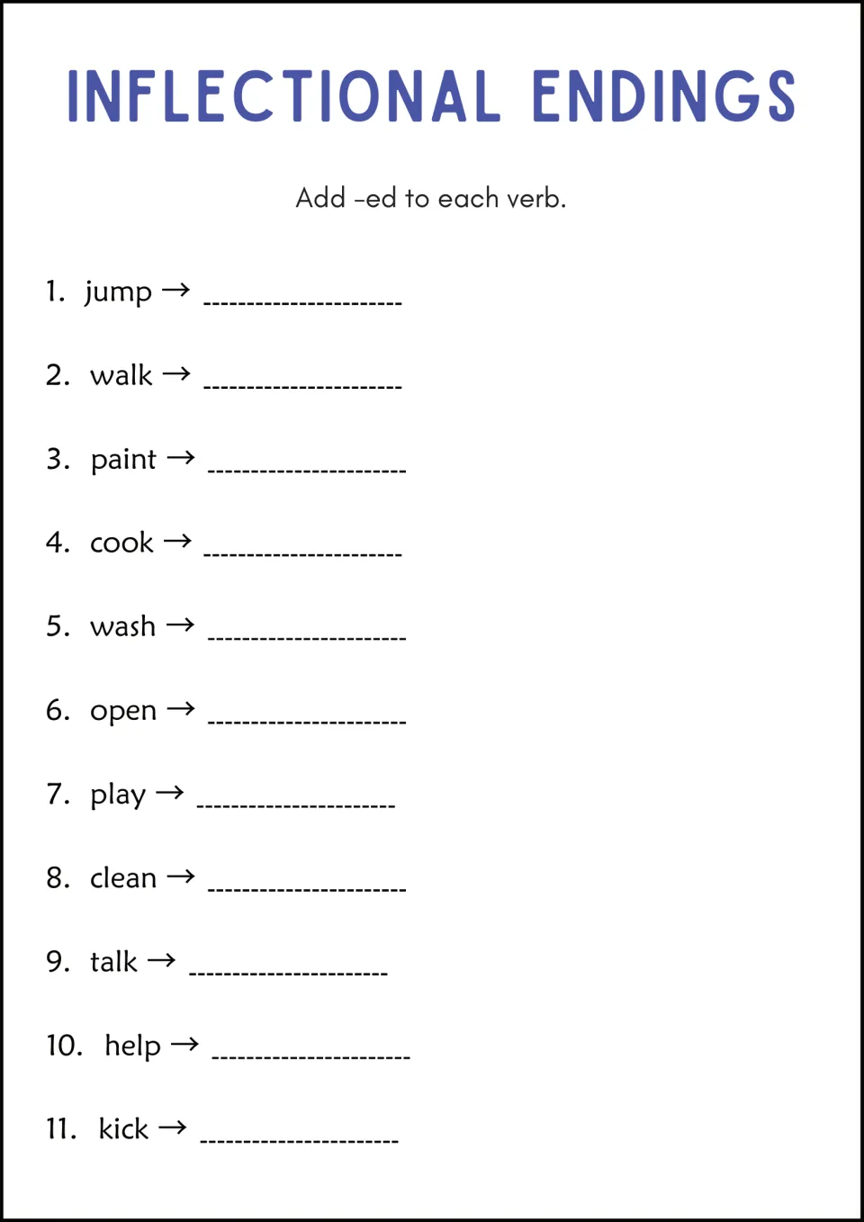Past tense with -ed: students add -ed to 11 regular verbs such as jump, walk, paint and clean to write each past form