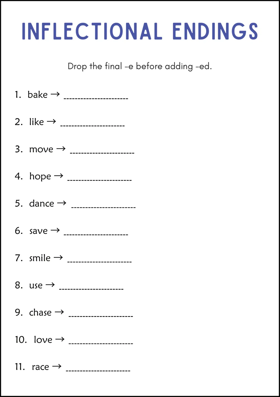 Drop the final e before adding -ed: students change 11 verbs such as bake, hope, dance and smile to past tense