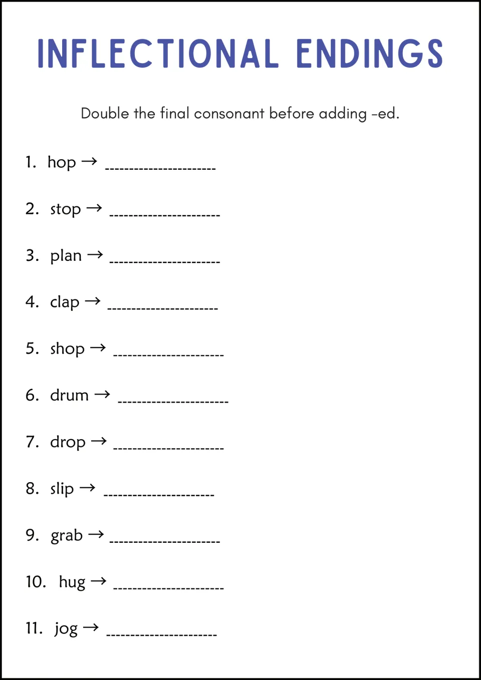 Doubling the final consonant before -ed: students write the past tense of 11 verbs such as hop, stop, plan and hug