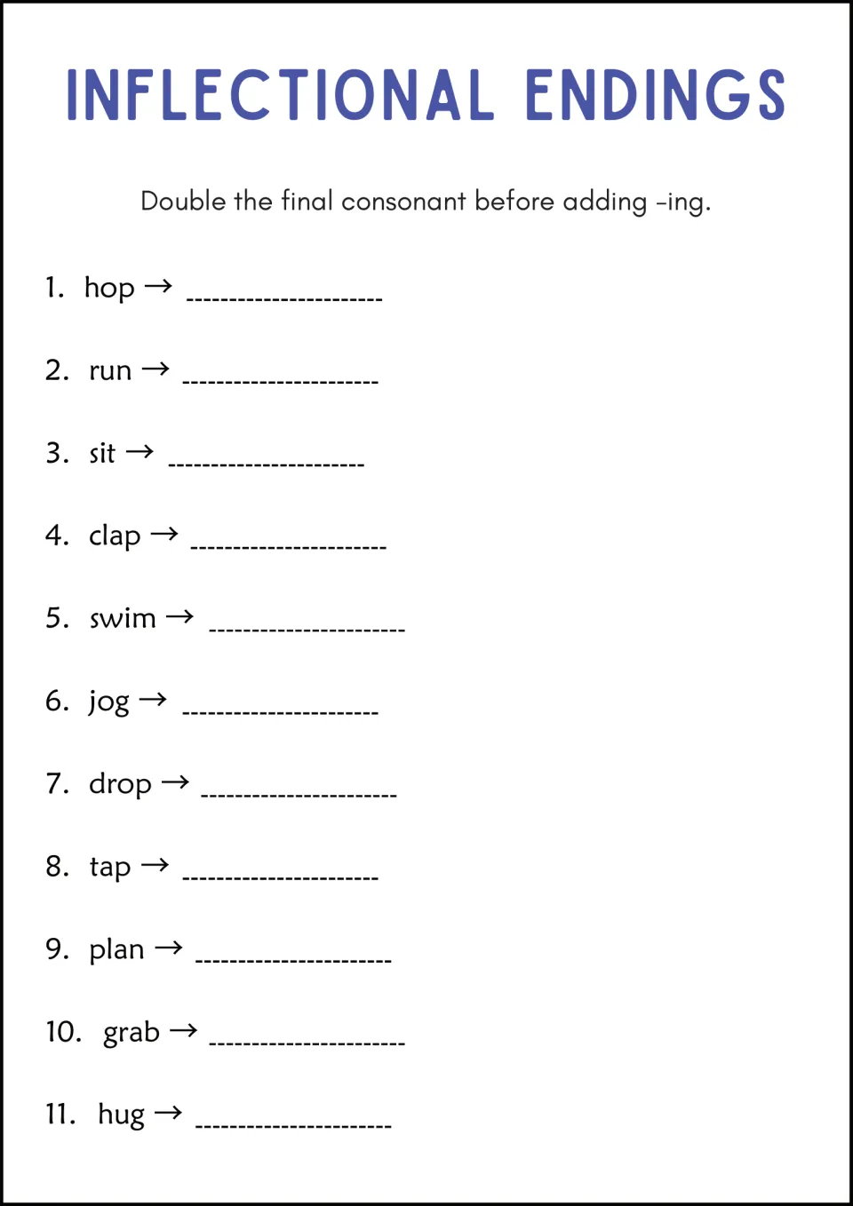 Doubling the final consonant before -ing: students add -ing to 11 verbs such as sit, swim, tap and grab