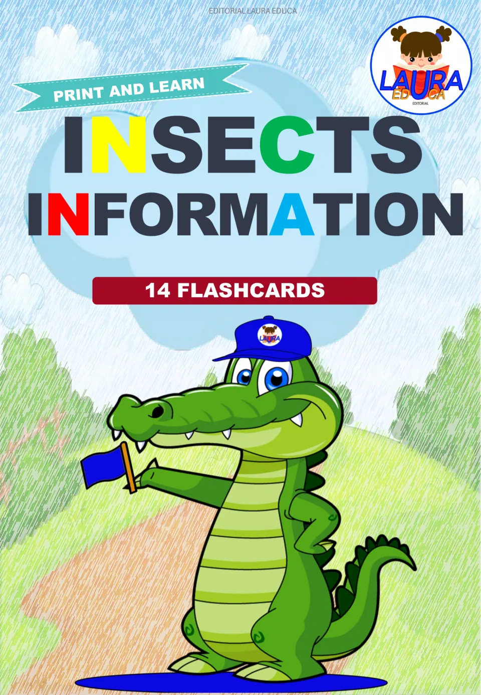 Cover of Insects Information, 14 flashcards from Editorial Laura Educa, with a Print and Learn banner and crocodile mascot