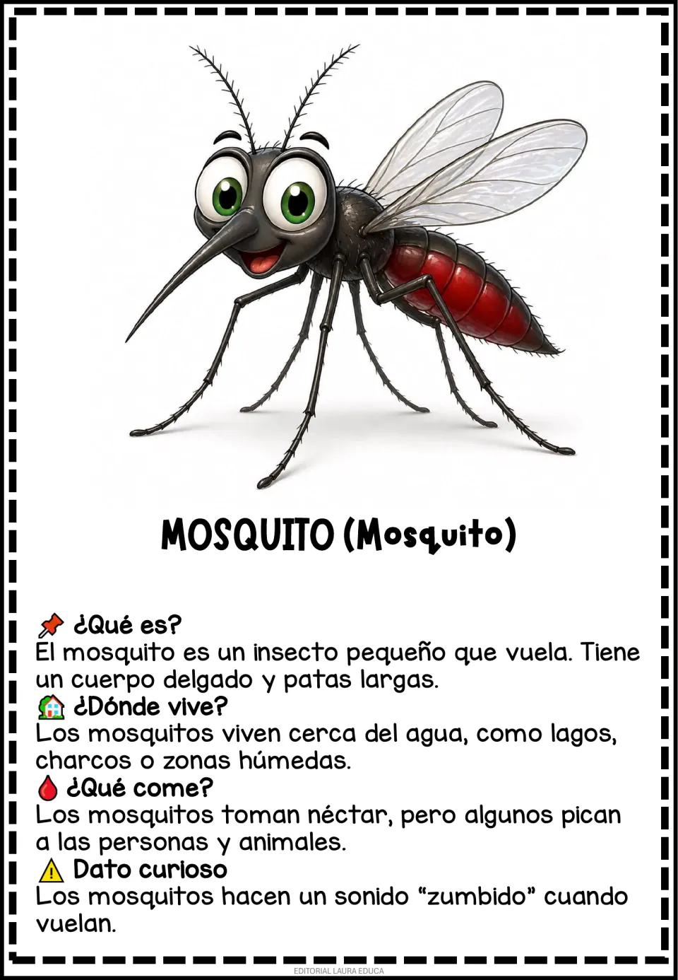 Mosquito fact card in Spanish describing its thin body, wet habitats, nectar diet and the buzzing sound it makes in flight