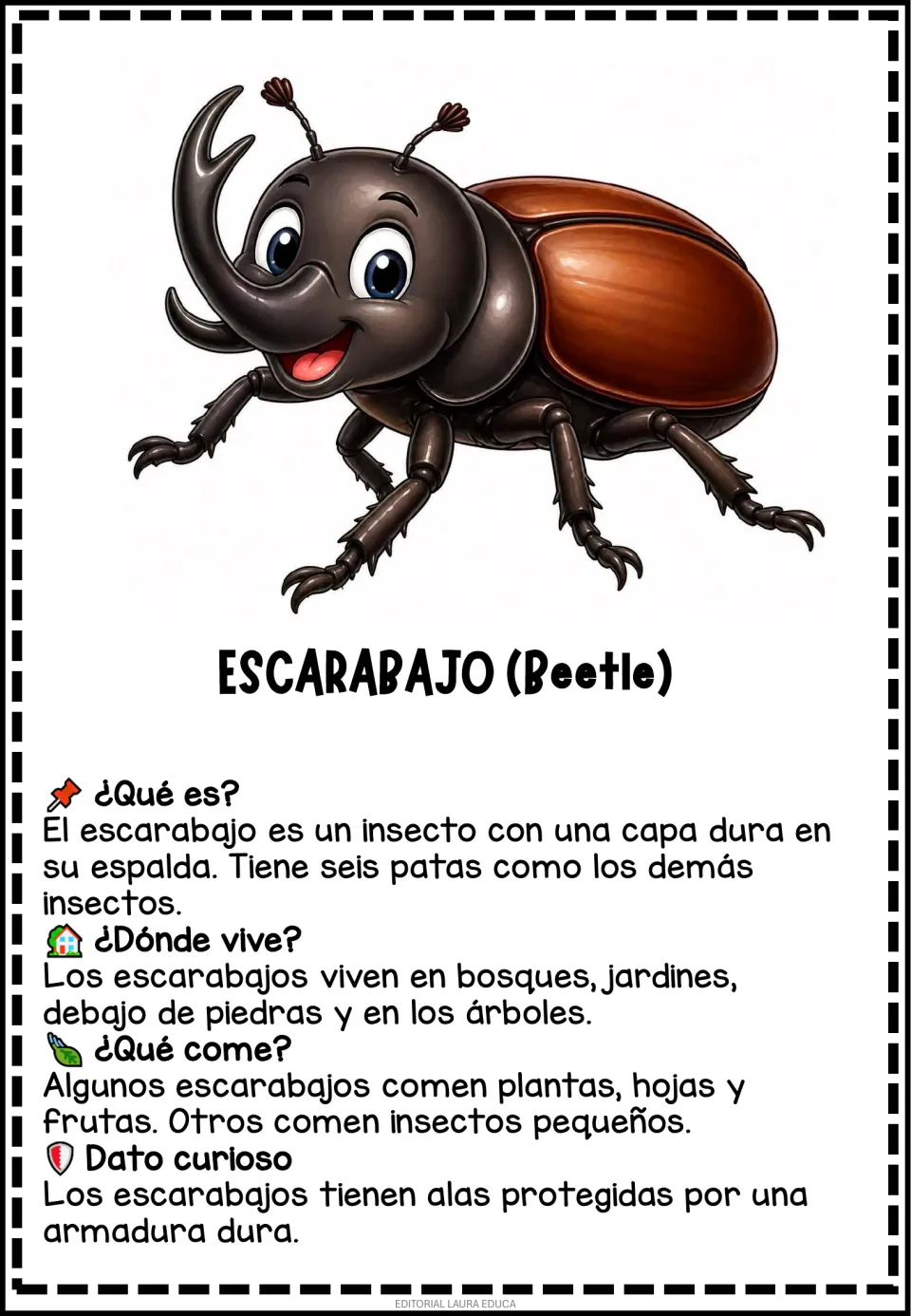 Escarabajo (Beetle) card in Spanish: hard shell, six legs, forest and garden homes, plant or insect diet, armored wings