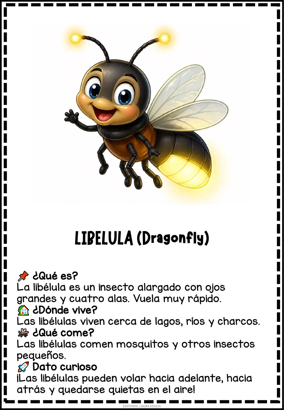 Libélula (Dragonfly) card in Spanish: long body, big eyes, four wings, life near lakes and rivers, and flying backward
