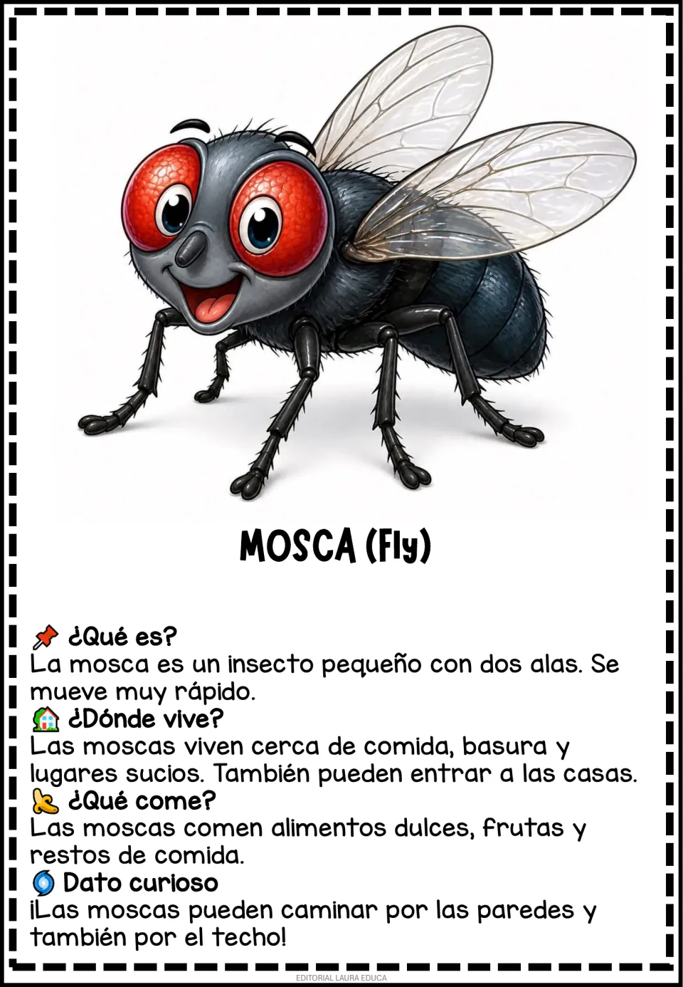 Mosca (Fly) card in Spanish: two wings, living near food and trash, eating sweets and scraps, walking on walls and ceilings